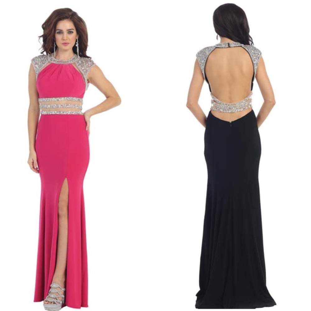 Fuchsia Pink Jewel Embellished Open Back Gown